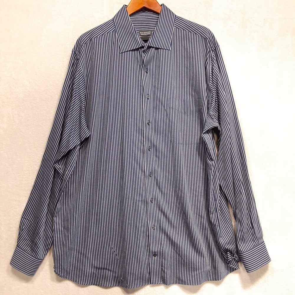 Rochester Mens Egyptian Cotton LS Button Shirt 18-38/39T Blue Striped Non-Iron